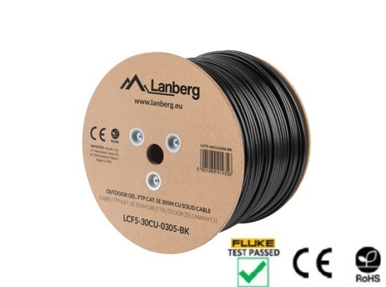 LAN CABLE CAT.5E FTP 305M SOLID OUTDOOR GEL-FILLED CU BLACK FLUKE PASSED LANBERG
