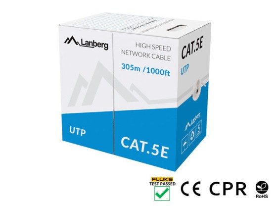 LAN CABLE CAT.5E UTP 305M SOLID CU GREY CPR + FLUKE PASSED LANBERG
