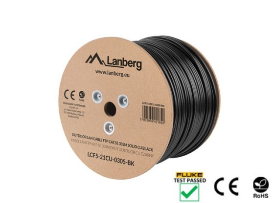 LAN CABLE CAT.5E FTP 305M SOLID OUTDOOR CU BLACK FLUKE PASSED LANBERG
