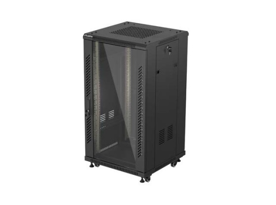 RACK CABINET 19" FREE-STANDING 22U/600X600 (FLAT PACK) WITH GLASS DOOR BLACK LANBERG