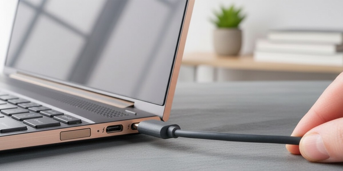 Kabel USB wpięty w port zasilania ultrabooka.