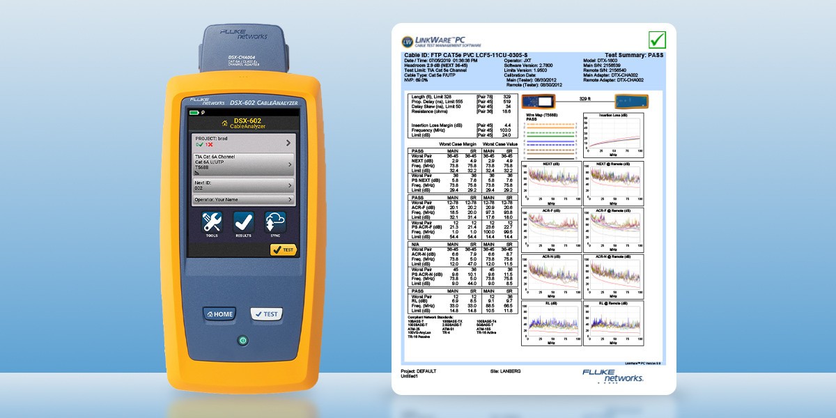 FLUKE DSX-602 tester and results table 