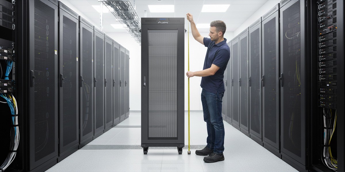 A man measuring a standing rack cabinet in a server room