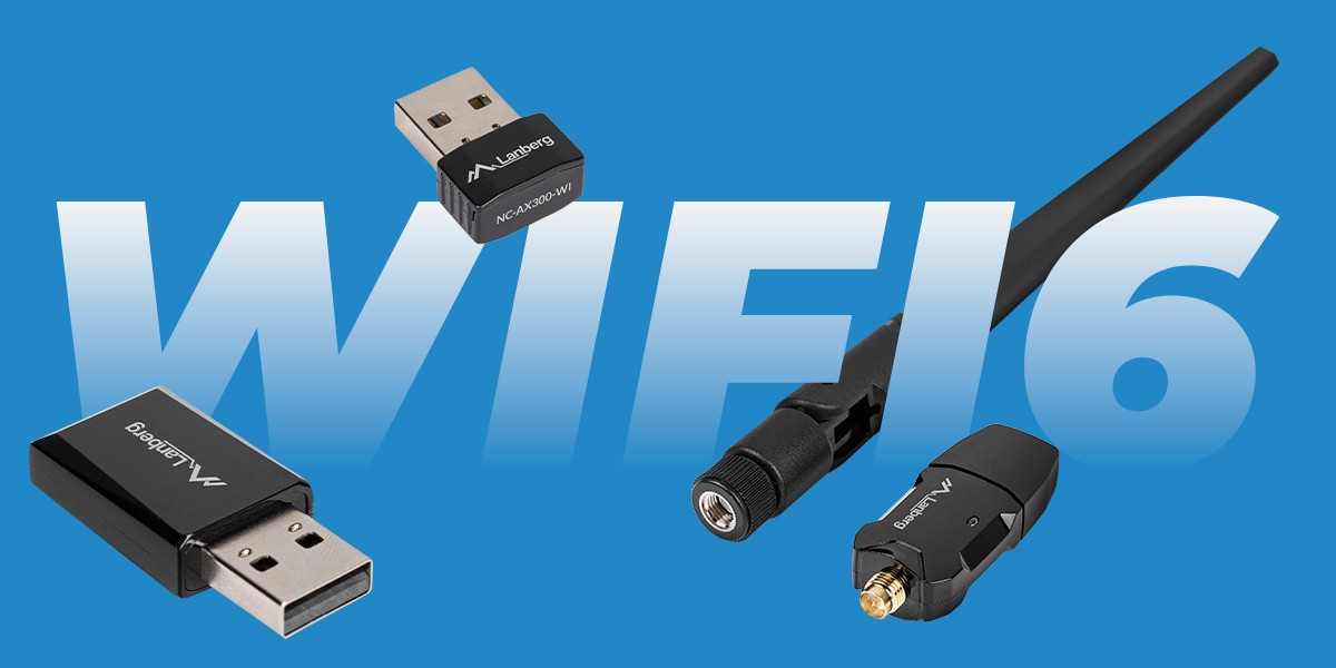 Three Lanberg wireless network adapters on blue background with Wi-Fi 6 description