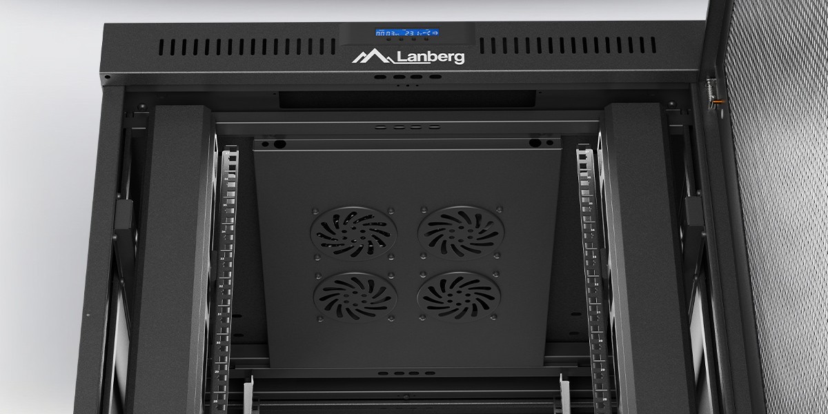 Open Lanberg rack cabinet with a visible ventilation panel