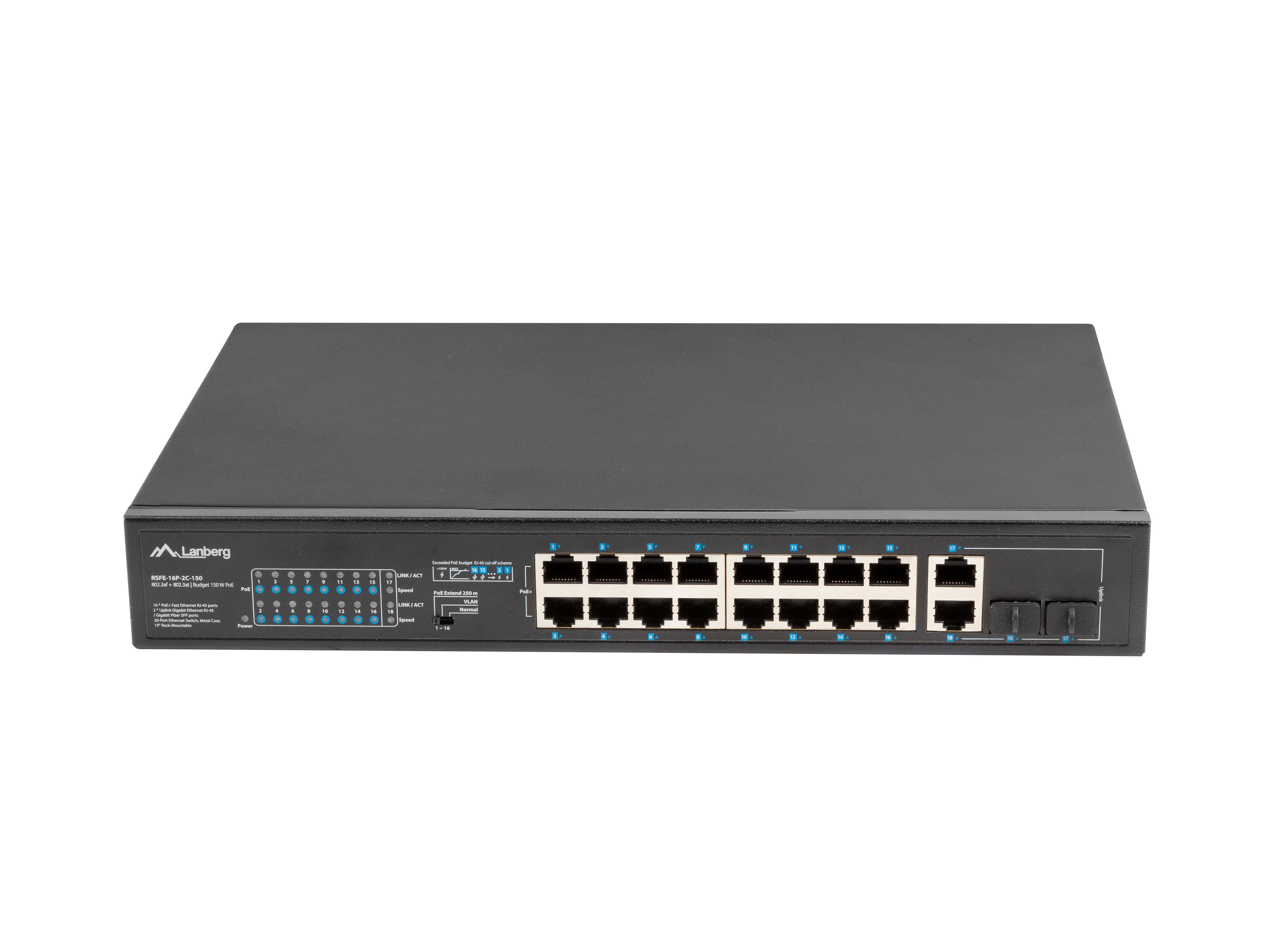 Lanberg 16-Port PoE Switch 2x Gigabit Uplink 150W
