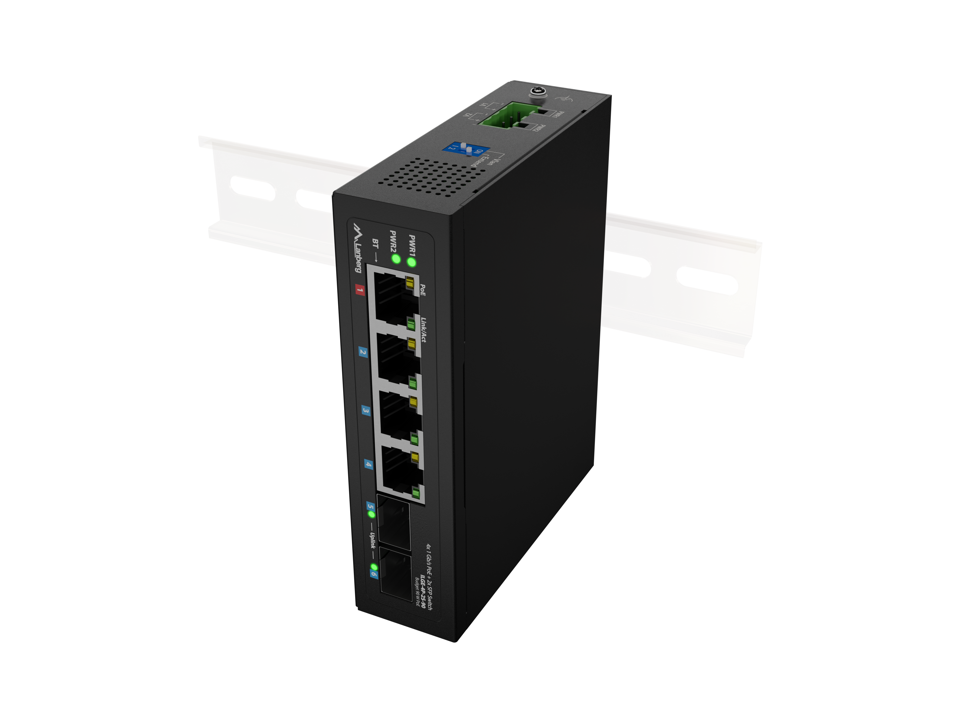 LANBERG ILGE-4P-2S-90 LIGHT INDUSTRIAL POE SWITCH 1XBT 3XAT 2XSFP DIN GIGABIT ETHERNET