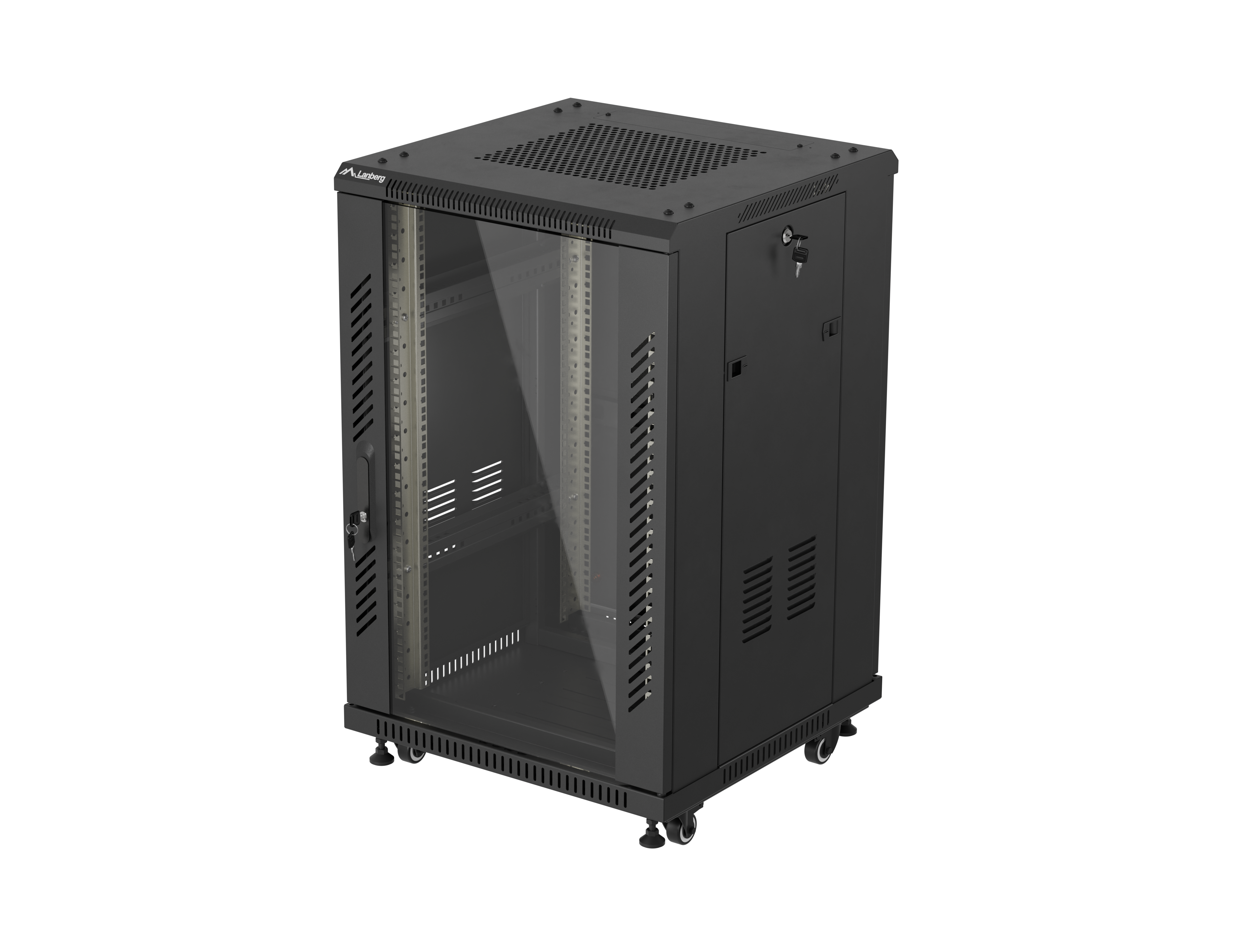 19" 18U 600 × 600 BLACK FLOOR-STANDING RACK CABINET WITH GLASS DOOR, LANBERG (FLAT PACK)