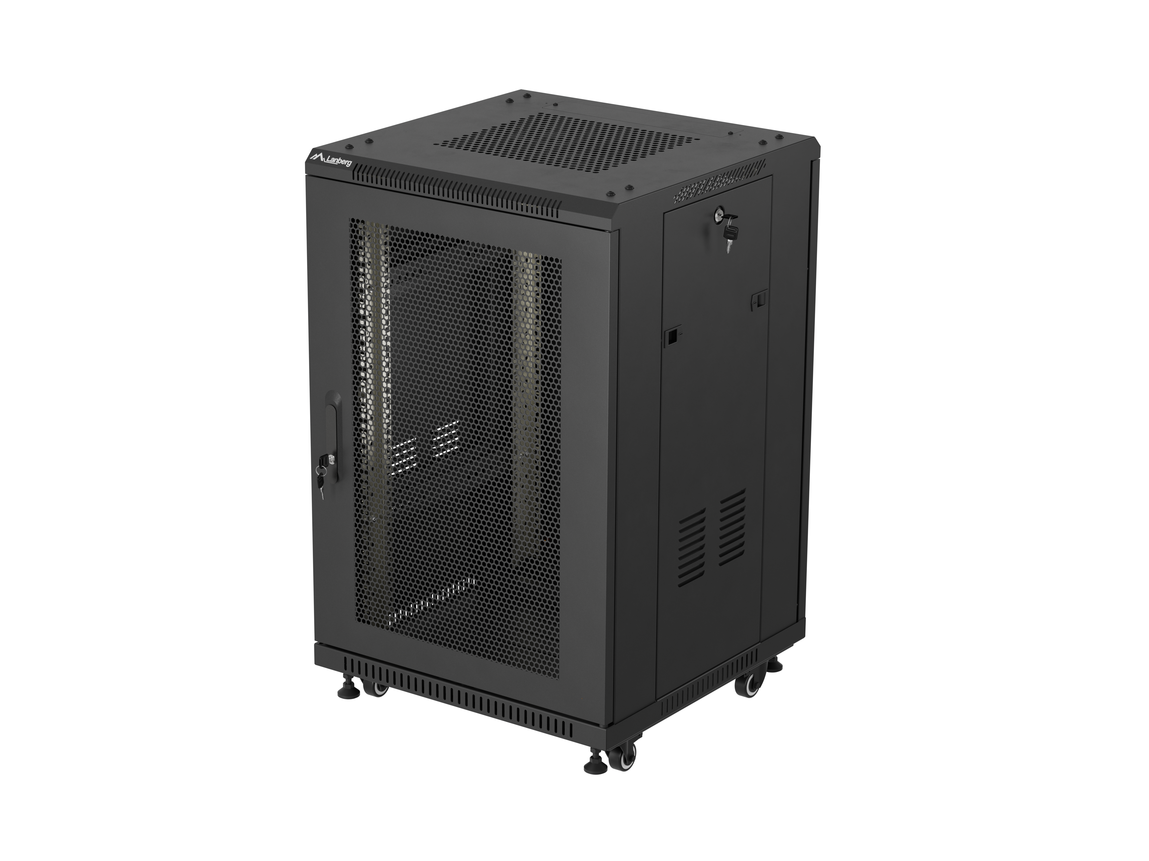 19" 18U 600 × 600 BLACK FLOOR-STANDING RACK CABINET WITH PERFORATED DOOR, LANBERG (FLAT PACK)