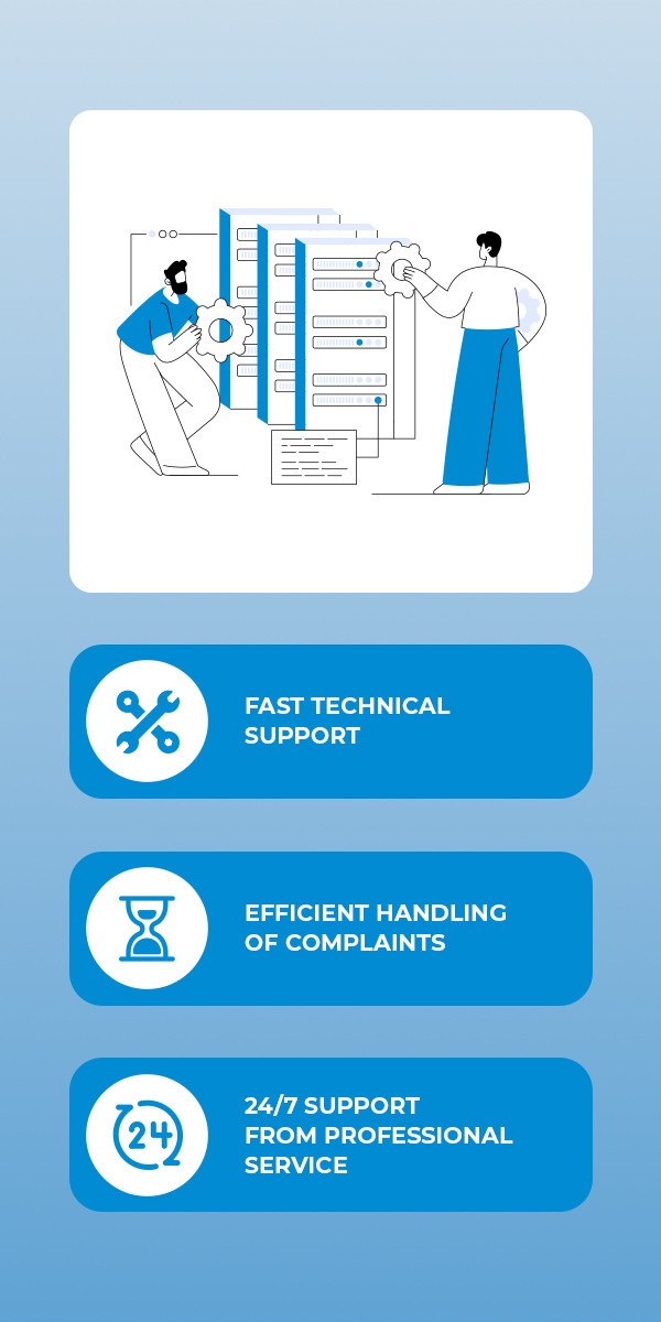Fast technical support, efficient complaint handling, and 24/7 support from a professional service team