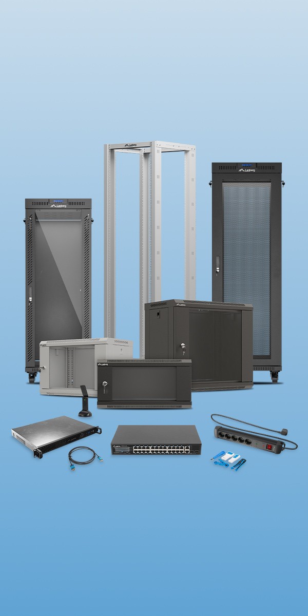 Showcasing the Lanberg product portfolio: rack cabinets, cables, active networking equipment, power supplies, and tools
